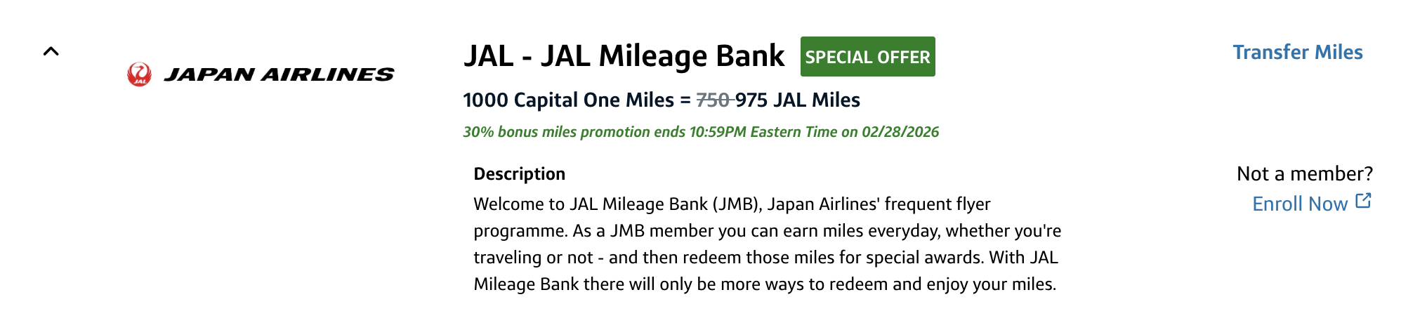 New: Get a 30% Bonus Sending Capital One Miles to Japan Airlines 1 Capital One 30% transfer bonus to JAL Mileage Bank
