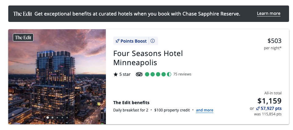 Points Boost redemption for the Four Seasons Hotel Minneapolis