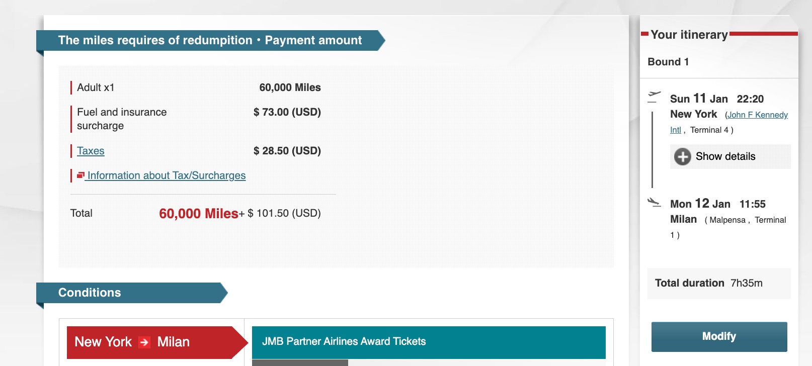 emirates jfk to milan for 60,000 miles