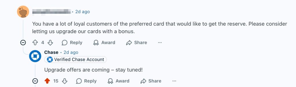 Chase subreddit comment.
