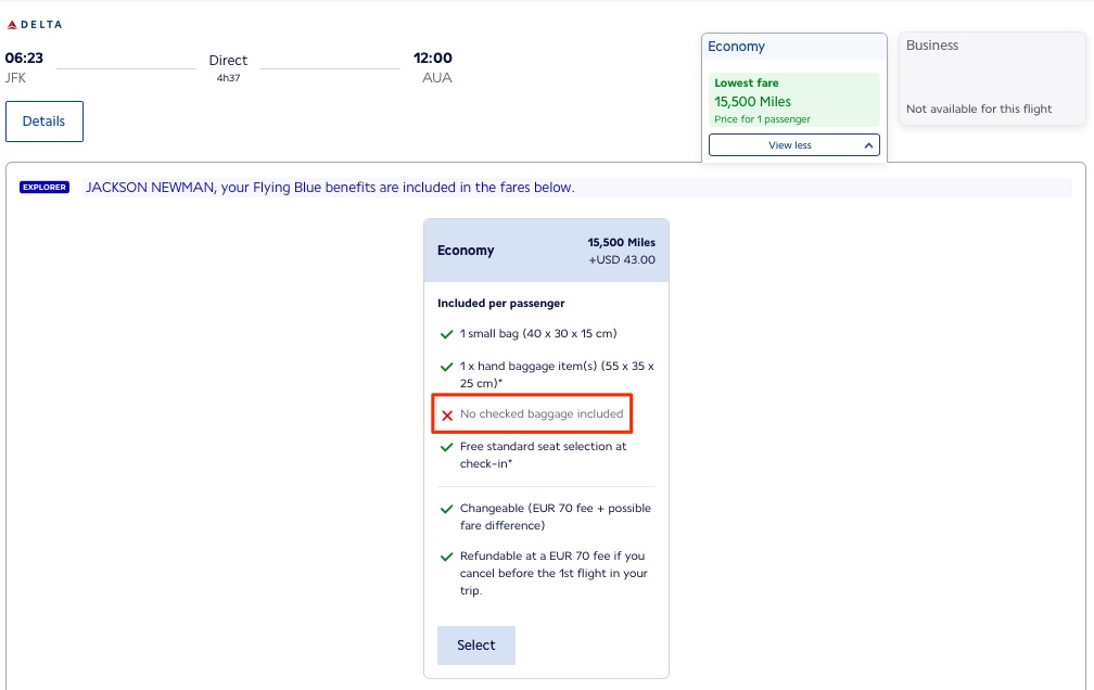 Air France Delta award from JFK-AUA with no free checked bag