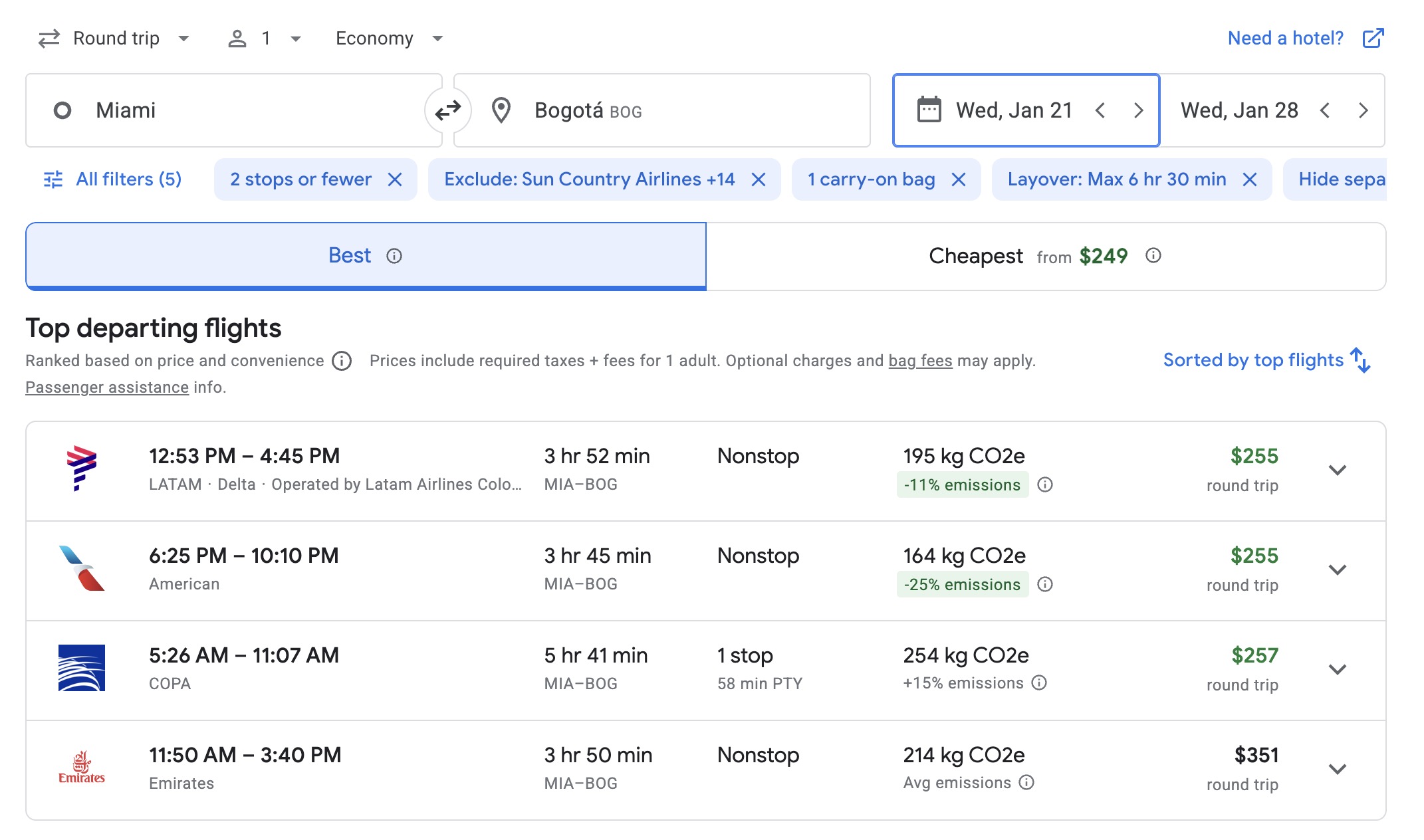 Bogota airfare in the $300s roundtrip
