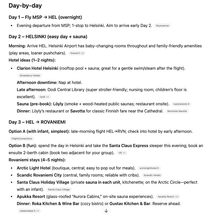 ChatGPT day-by-day schedule for a trip to Finland