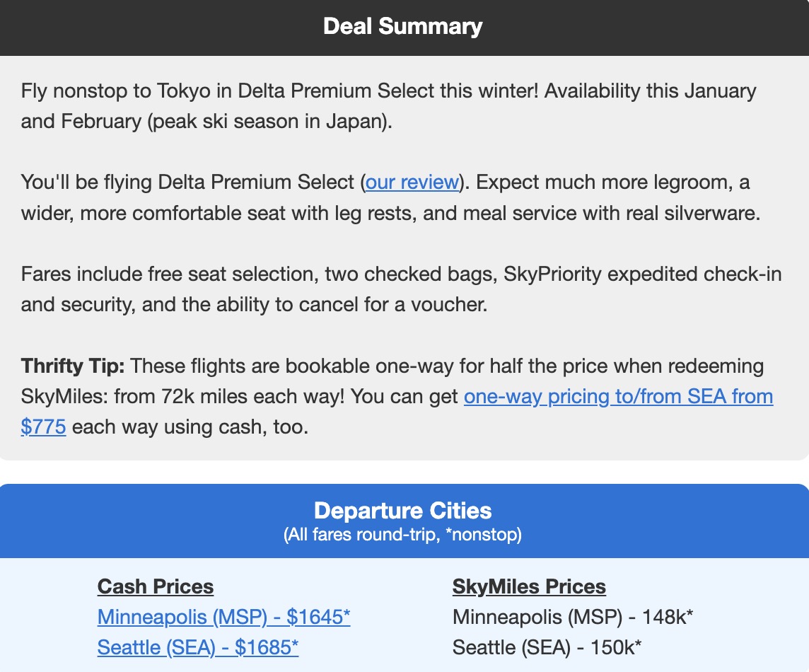 Delta Premium Select fares to Tokyo