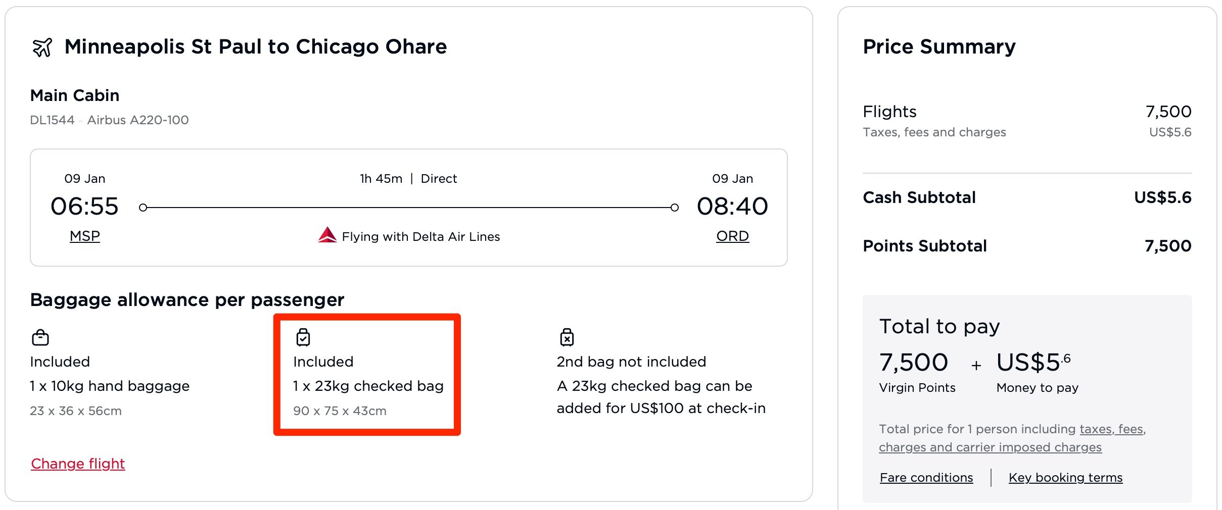 Delta award from MSP-ORD booked through Virign Atlantic