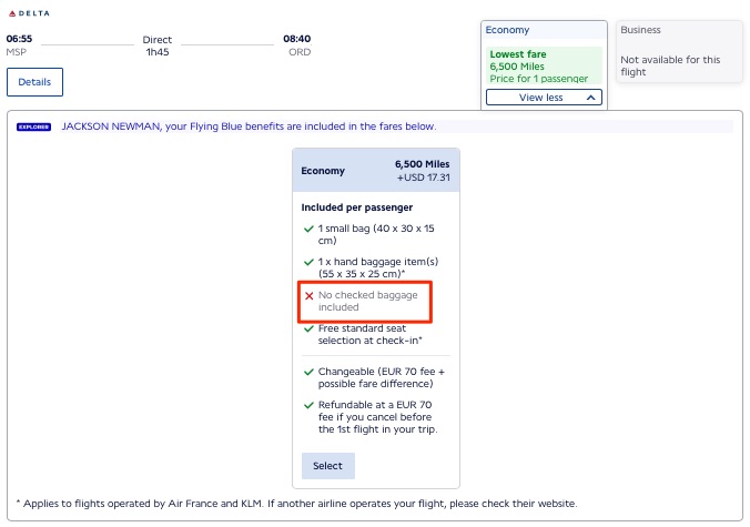 Flying Blue award MSP-ORD showing that no checked bag is included.
