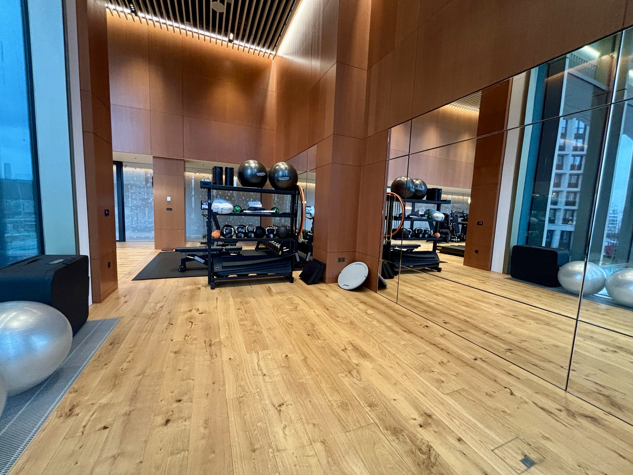 Inside the Park Hyatt London River Thames: Rooms, Dining, Pool & More 43 Yoga area in gym with wall of mirrors