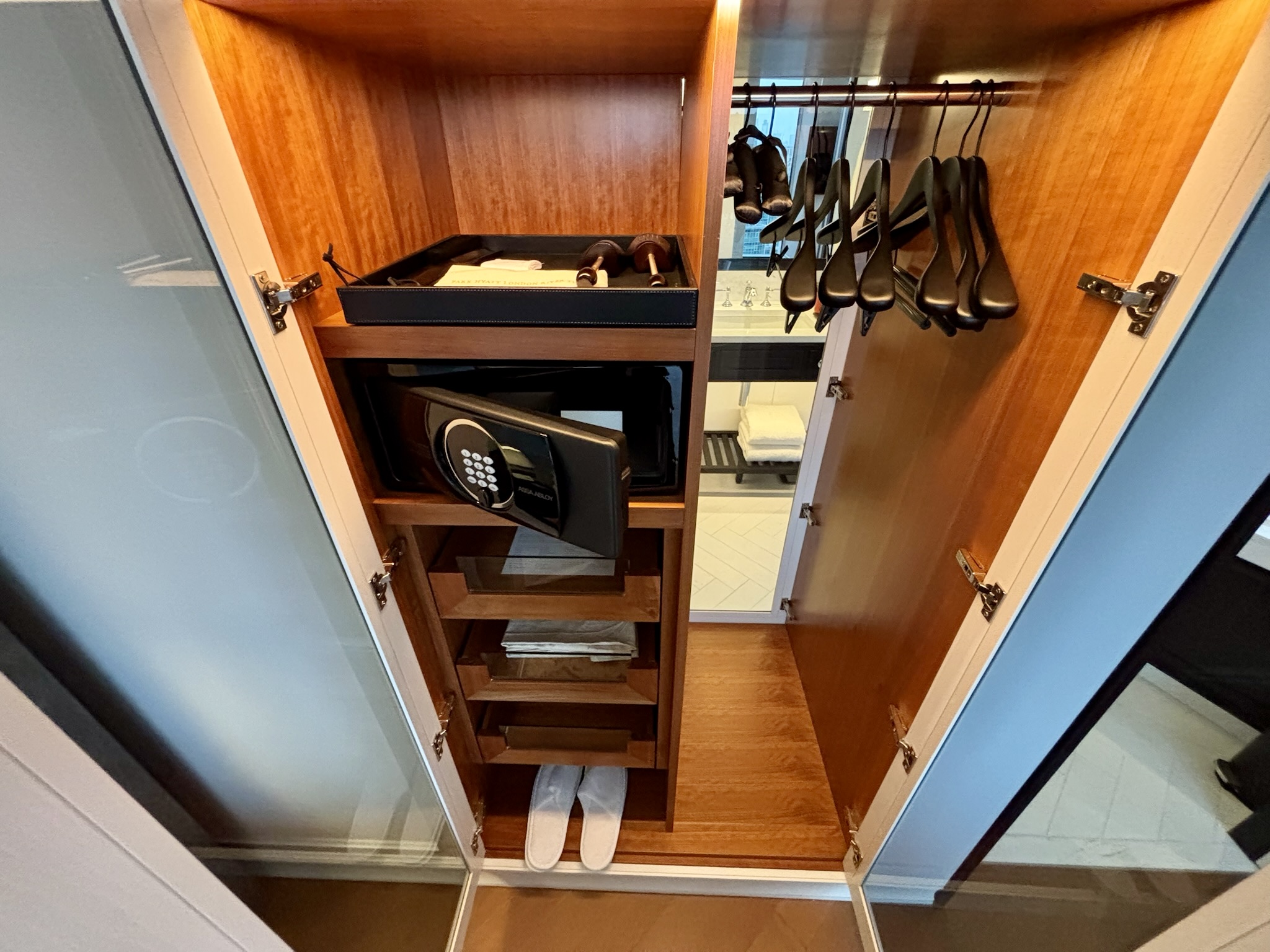 Inside the Park Hyatt London River Thames: Rooms, Dining, Pool & More 22 Closet with safe, slippers, and hangers