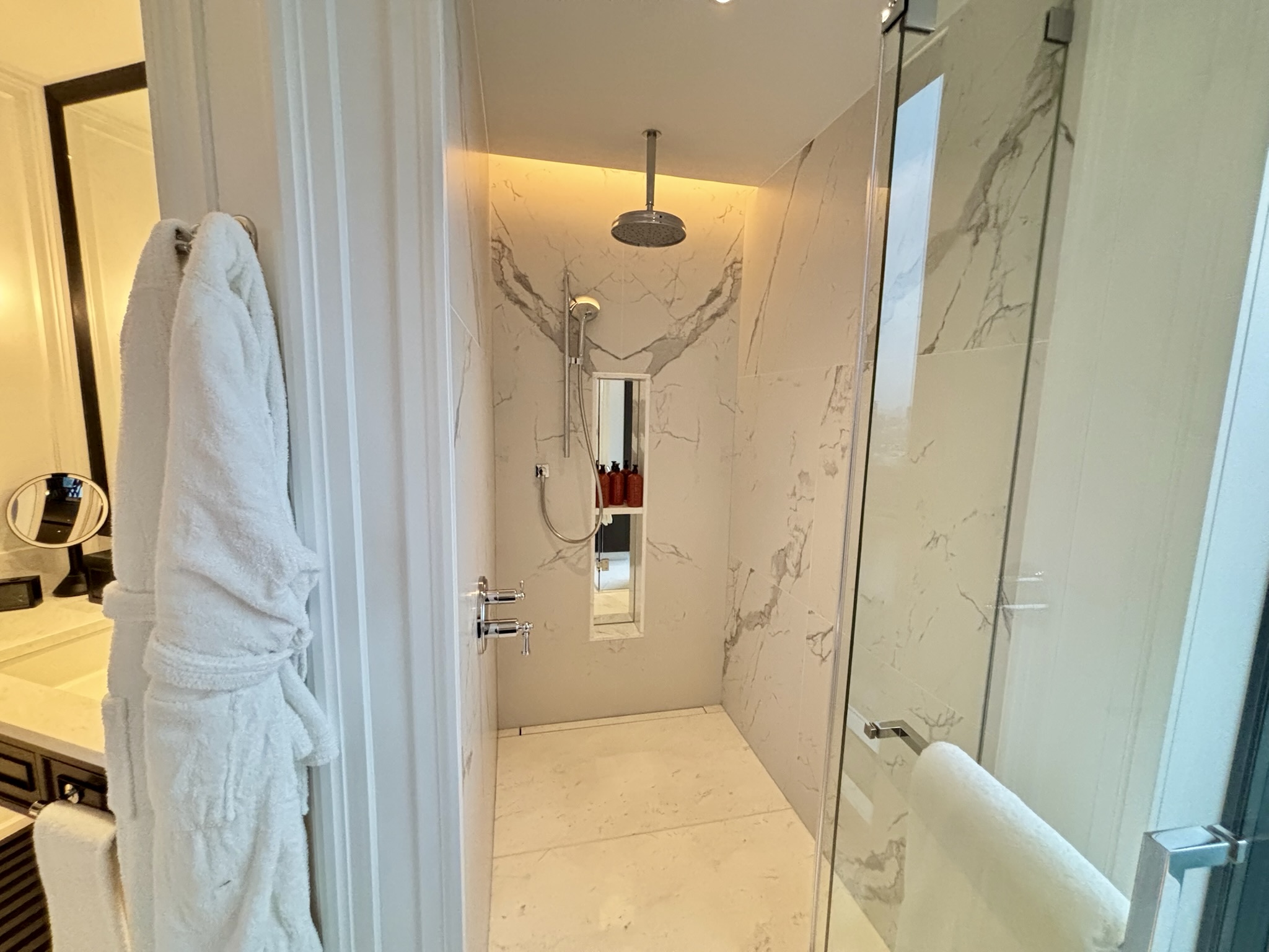 Inside the Park Hyatt London River Thames: Rooms, Dining, Pool & More 19 Walk in shower with marble tile and rainshower head