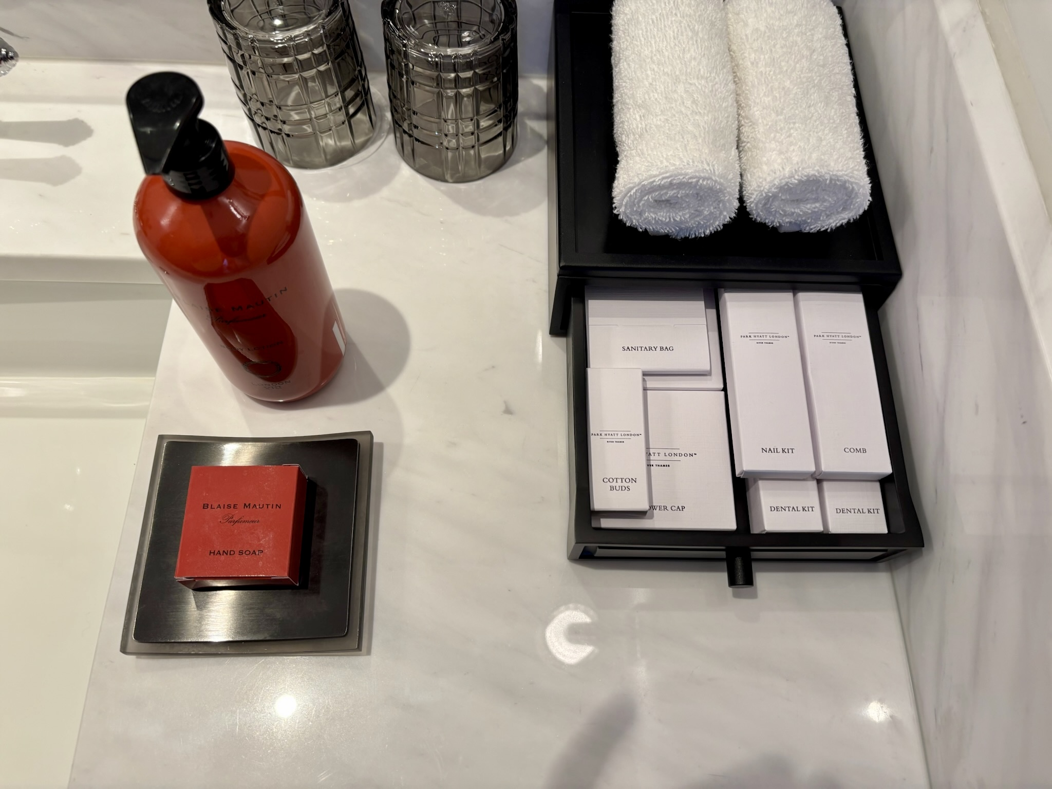 Inside the Park Hyatt London River Thames: Rooms, Dining, Pool & More 18 Complimentary toiletry items and towels at the Park Hyatt London River Thames