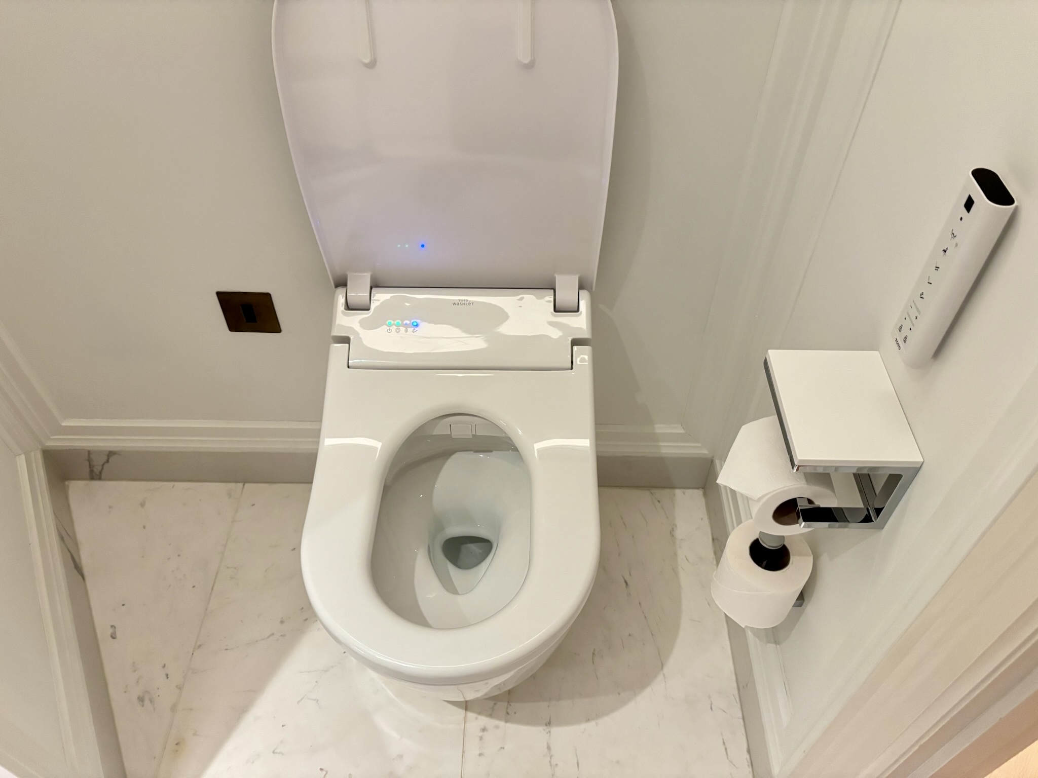 Inside the Park Hyatt London River Thames: Rooms, Dining, Pool & More 14 toilet with wall-mounted controls and toilet paper holder on the wall