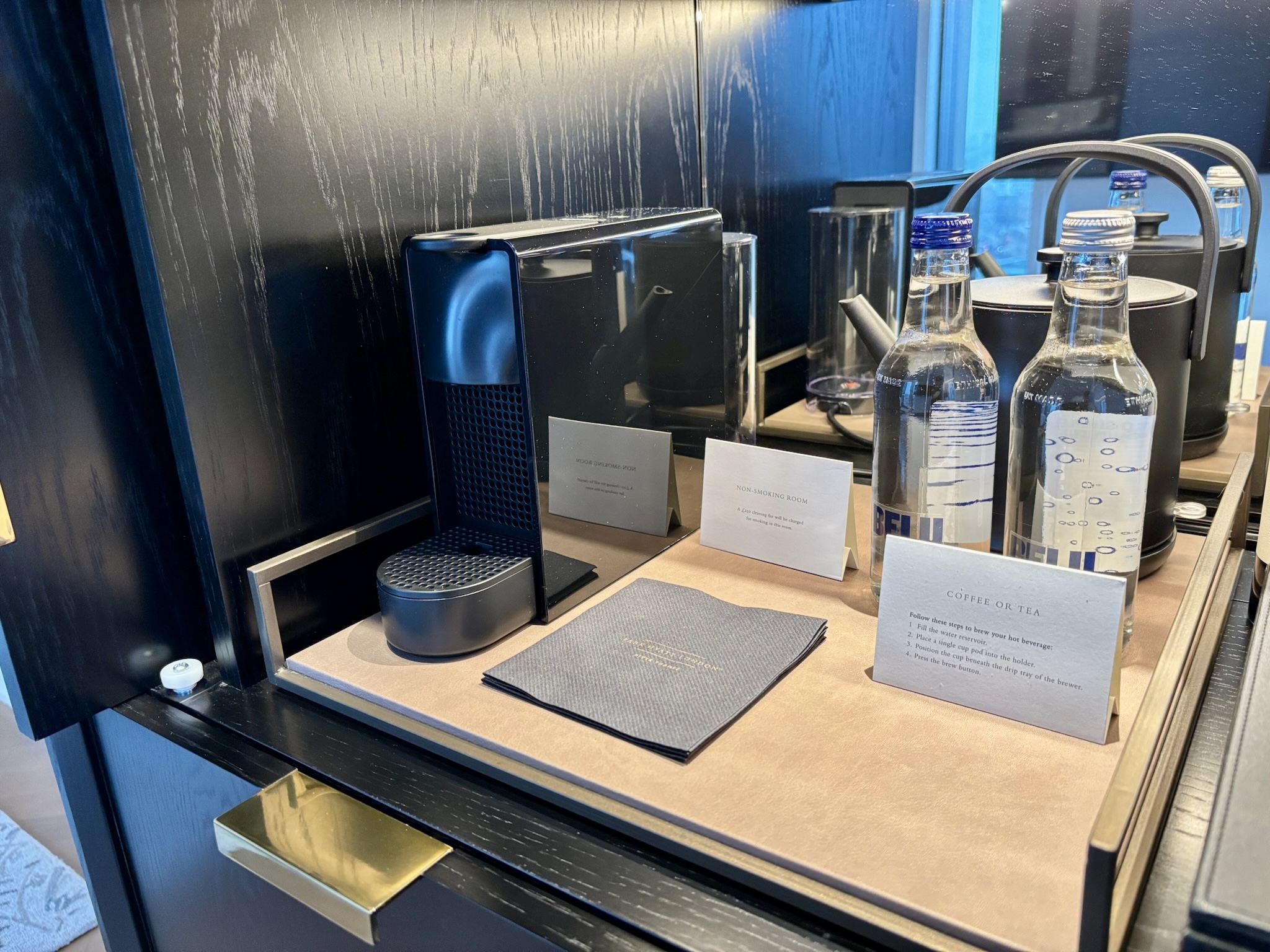 Inside the Park Hyatt London River Thames: Rooms, Dining, Pool & More 26 Nespresso coffee maker and water in the minibar