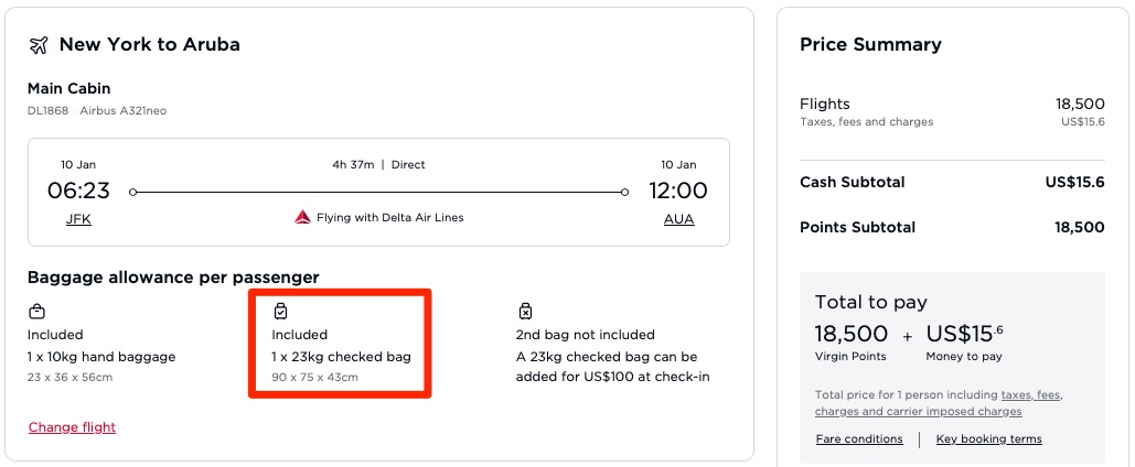 JFK-AUA Delta award booked through Virgin Atlantic showing that checked bags are included.