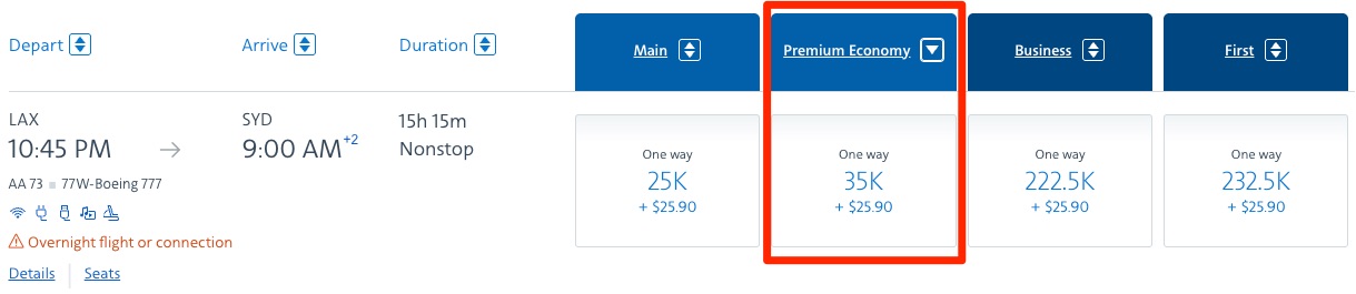 LAX-SYD Premium Economy for 35K miles each way