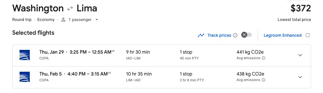 Dulles to Lima, Peru for $371