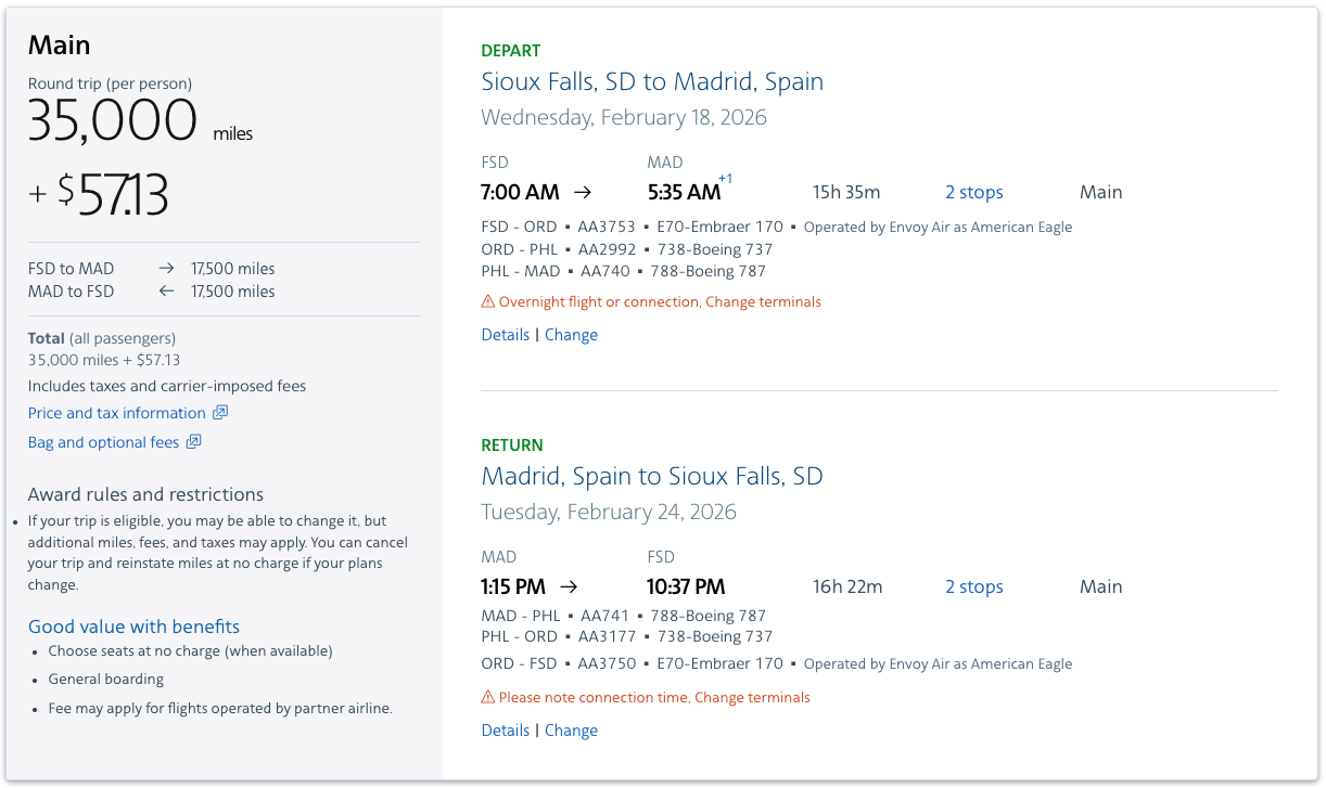 FSD-MAD AAdvantage award booking for 35,000 miles in economy