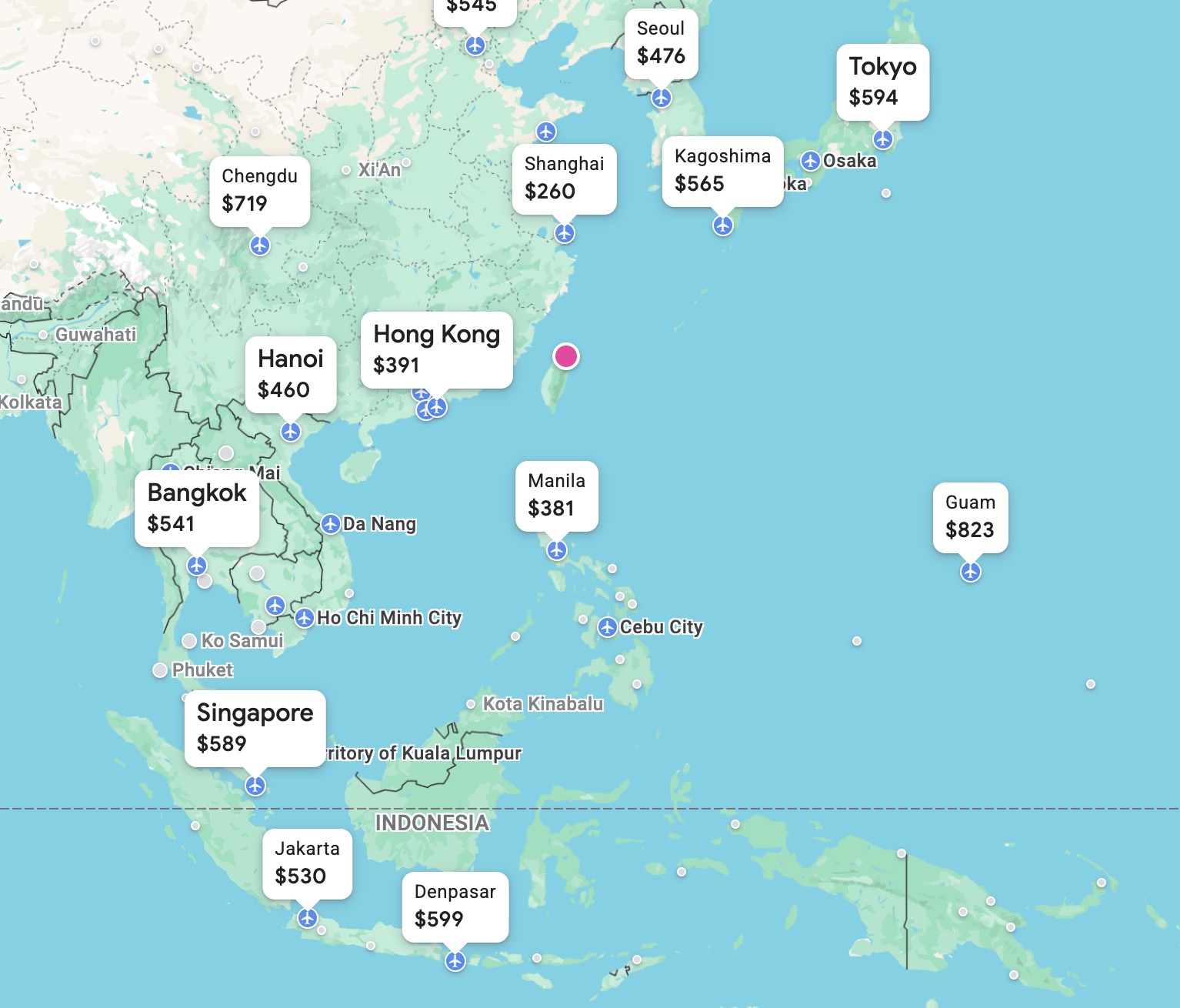 Google Flights search from TPE to Asia in business class