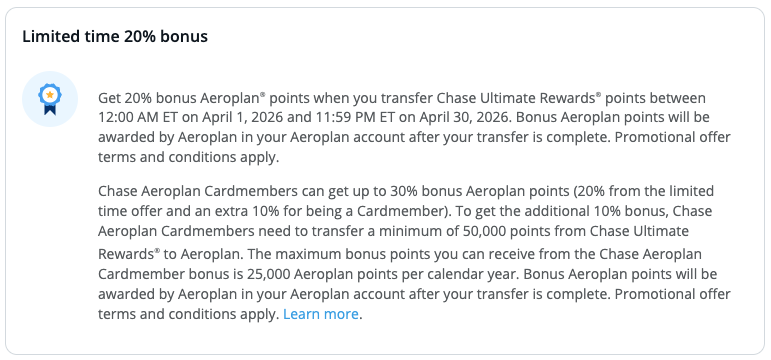 New Transfer Bonus: Get a 20% (or even 30%) Boost From Chase to Air Canada Aeroplan! 1 Chase to Aeroplan 20% transfer bonus