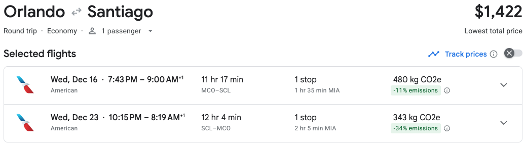 From St. Kitts to Finland: How to Score International Flights Under $499 Roundtrip This Year 1 MCO-SCL Peak season flight prices, via Google Flights