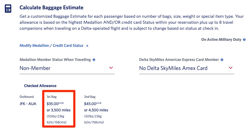 Delta Baggage Calculator JFK-AUA showing $35 for the first checked bag.
