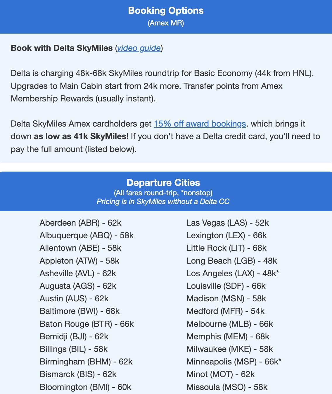 Delta SkyMiles airfare from 41,000 SkyMiles roundtrip