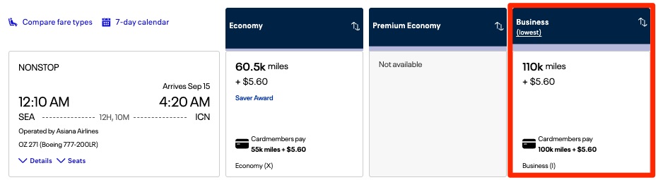 United biz class award booking from SEA-ICN for 110,000 miles one way