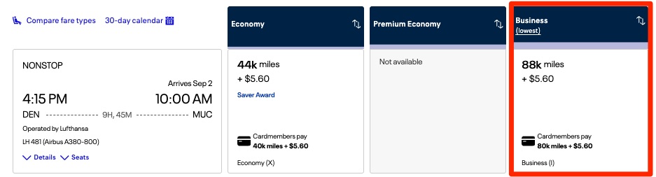United business class award from DEN-MUC for 88,000 miles one way