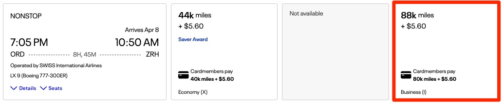 United business class award from ORD-ZRH for 88,000 miles or 80,000 miles with "Cardmembers pay" discount