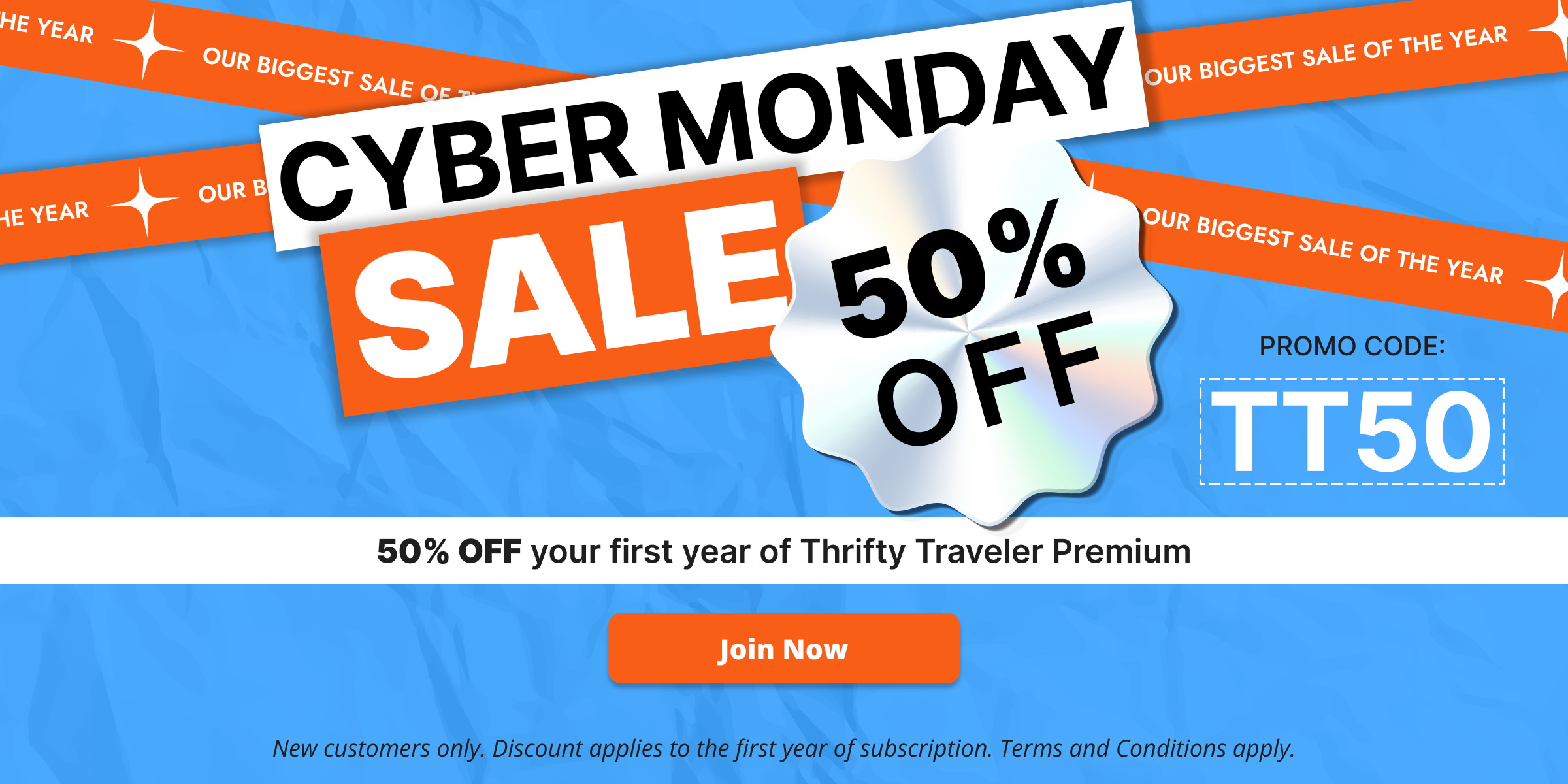 thrifty traveler cyber monday 50% off sale image