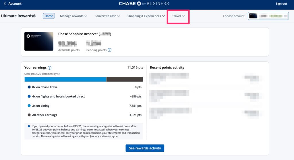 chase ultimate rewards home page with top bar navigation.