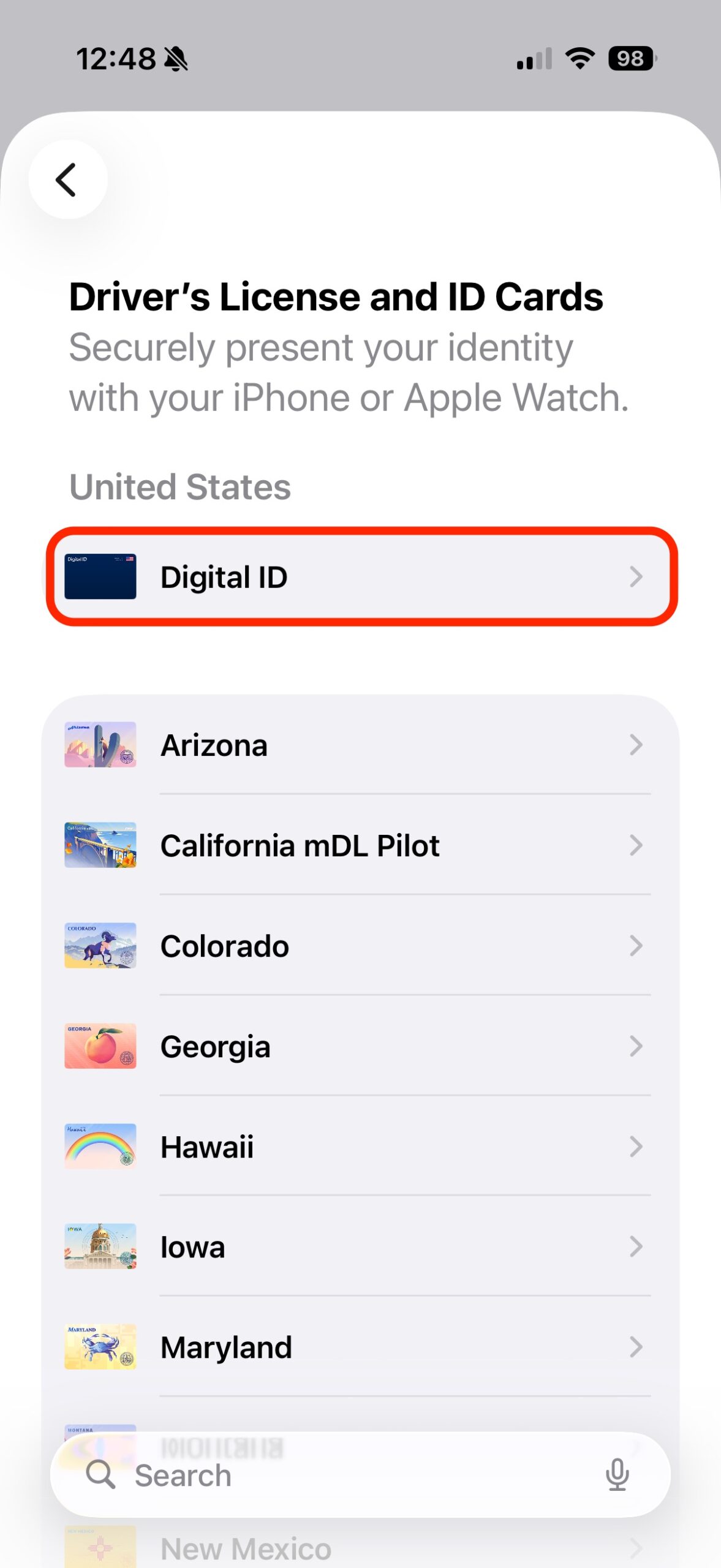 digital id selection process in apple iphone