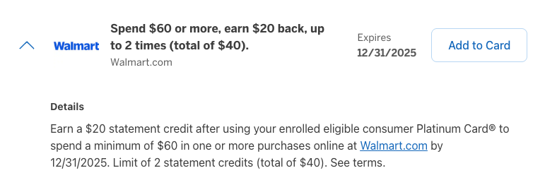 Spent $60 or more, earn $20 back up to 2 times at walmart.com