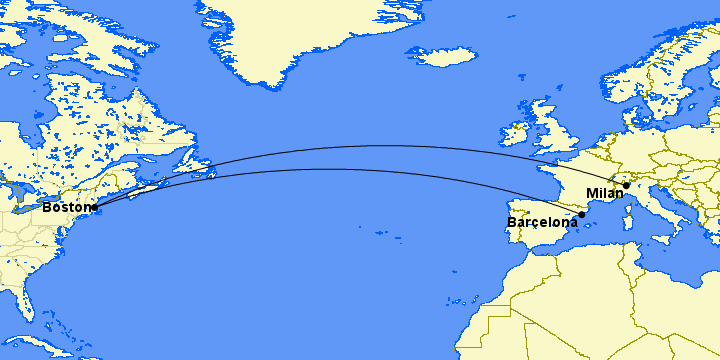 map of flights from boston to barcelona and milan
