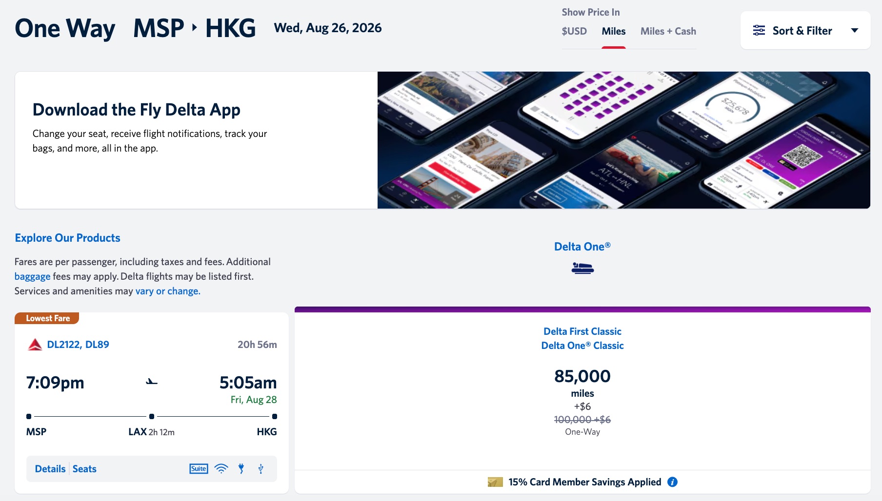 Book ASAP: Fly Delta One to Hong Kong (HKG) from 85K SkyMiles ... Nationwide! 1 delta one fare from minneapolis to hong kong for 85,000 skymiles