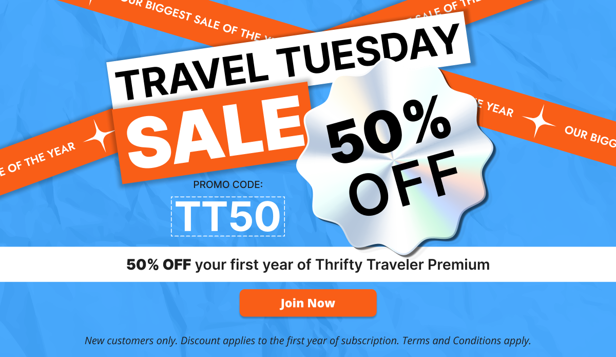 thrifty traveler travel tuesday banner for 50% off sale