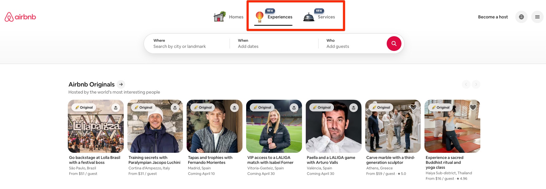 Want to Book an Airbnb or Vrbo with Points? Capital One Miles are Best 6 Airbnb Experiences and Services search feature on homepage