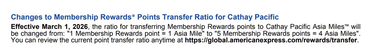 Amex to Cathay Pacific transfer ratio changing to 5:4 beginning March 1, 2026. 