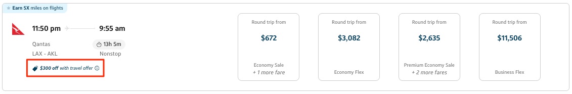 Capital One Travel Offer for $300 off Qantas Flights to NZ