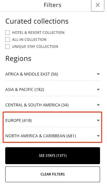 Chase The Edit, filter by location with hotels primarily in Europe and North America