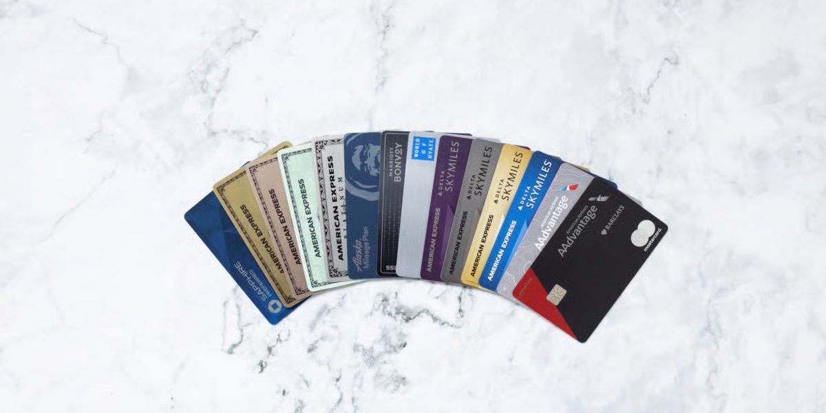 Credit Cards fanned out on marble countertop