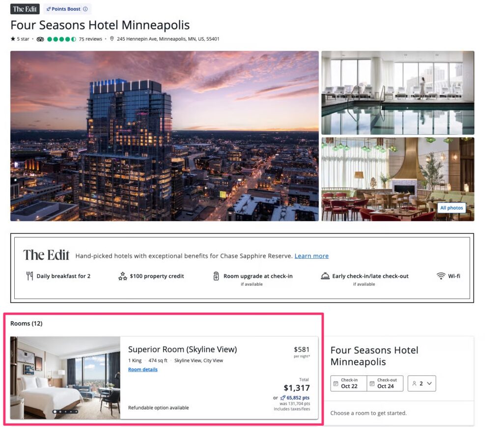 Chase Sold Sapphire Reserve® Cardholders on Big Hotel Redemptions, Then Quietly Backtracked 3 Four Seasons MSP August 2025 points pricing