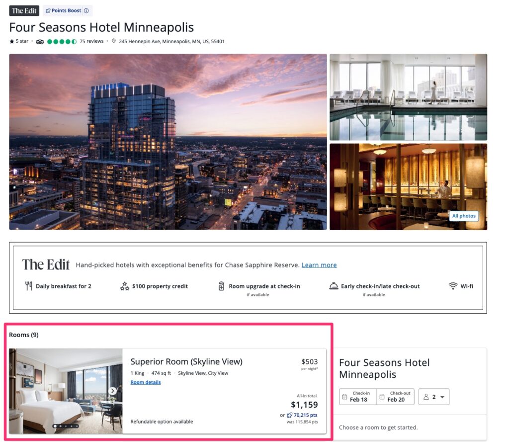 Chase Sold Sapphire Reserve® Cardholders on Big Hotel Redemptions, Then Quietly Backtracked 4 Four Seasons MSP December 2025 points cost