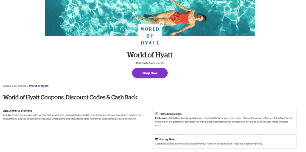 Hyatt Rakuten 15% back