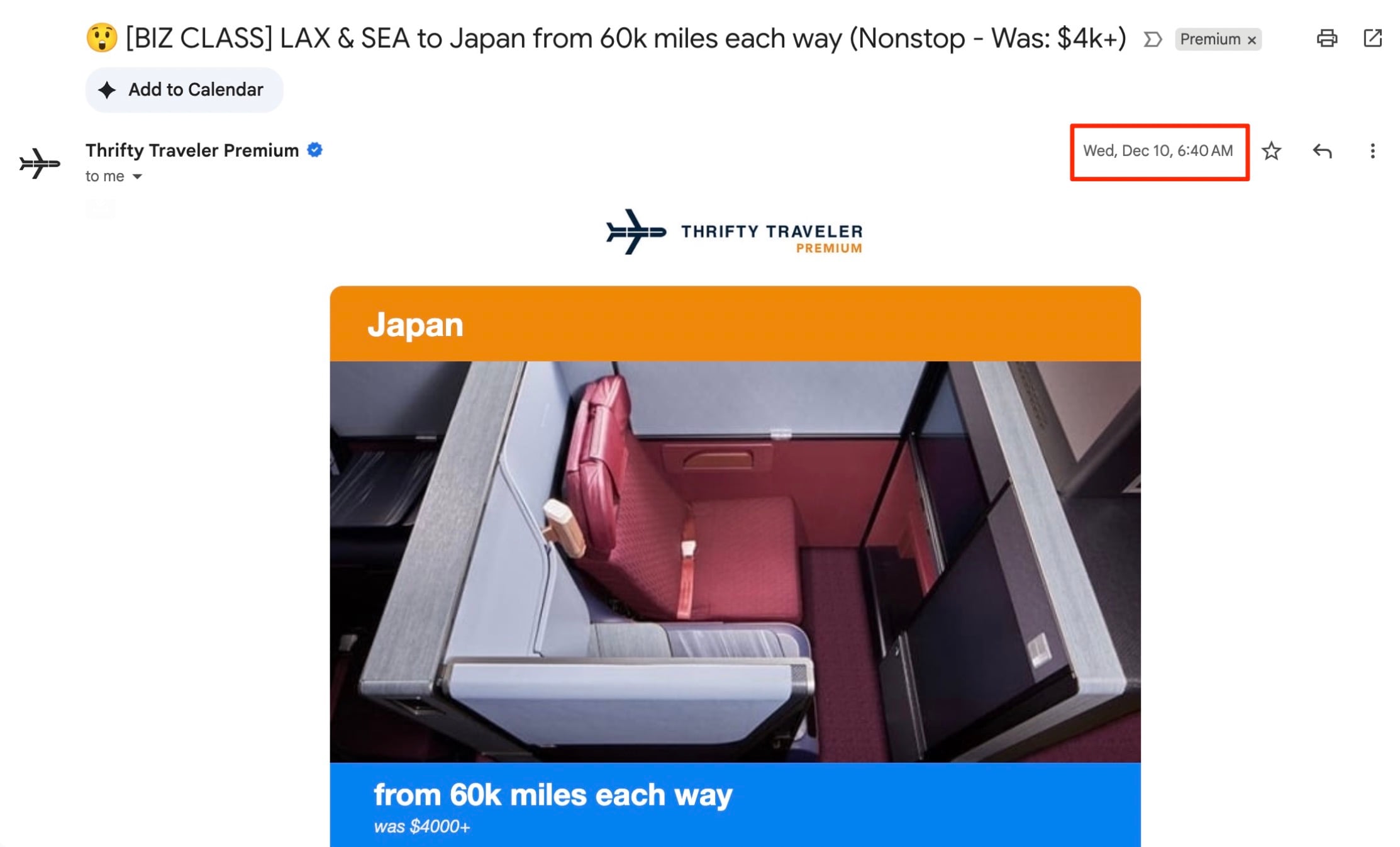 Early Bird Gets the Worm: The Key to Finding Business Class Award Space Lately 1 Japan Airlines business class email alert