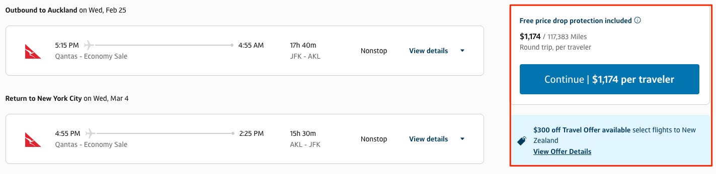 Qantas flight from JFK-AKL for $1,174 roundtrip