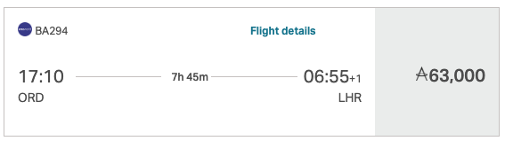British Airways business class award from ORD-LHR for 63,000 Asia Miles
