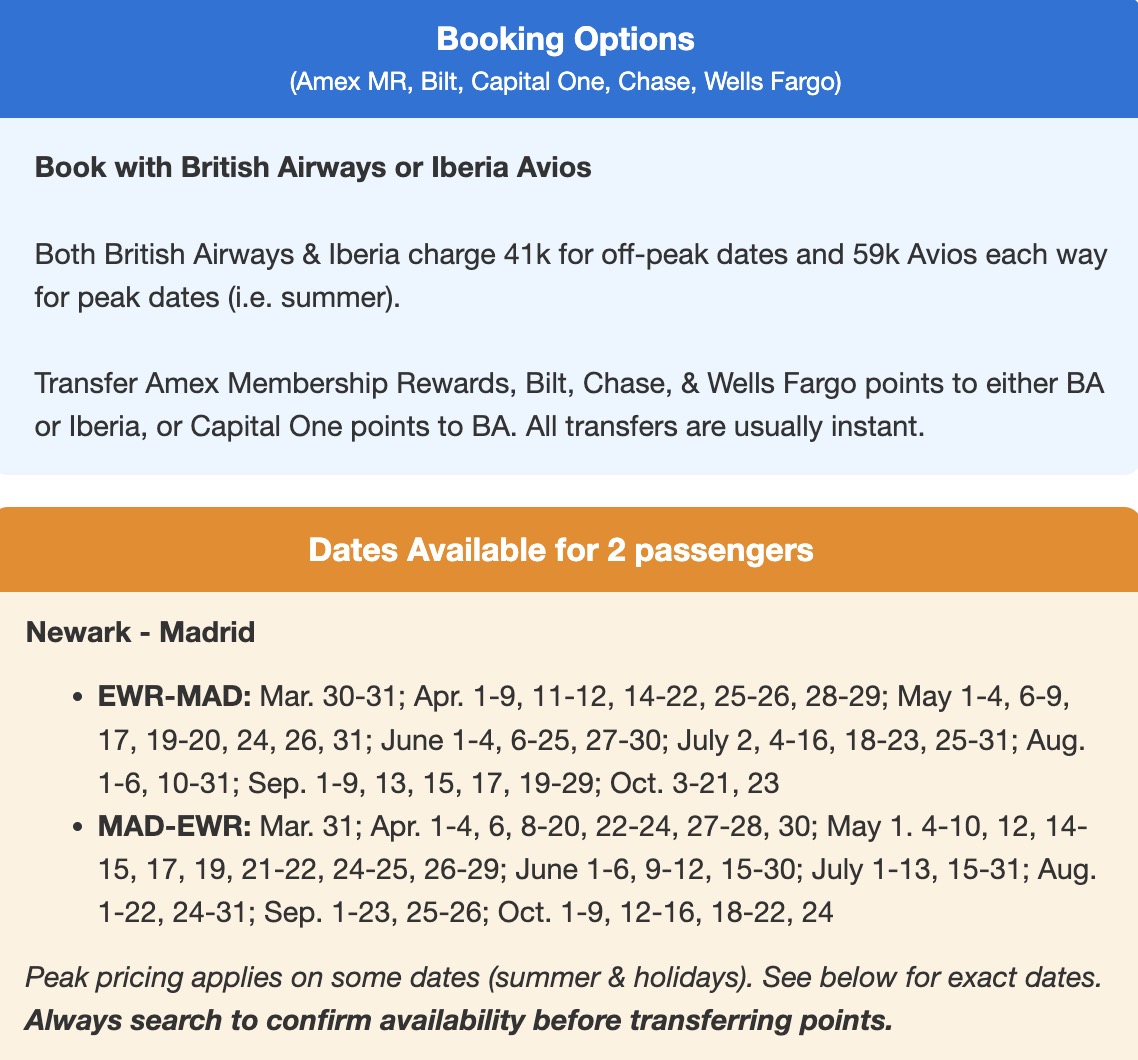 Iberia business class availability on a new route from Newark