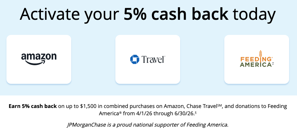 Chase Announces 5% Freedom Flex Bonus Categories for Q2, 2026 4 Activate your 5% cash back today: Amazon, Chase Travel, Feeding America