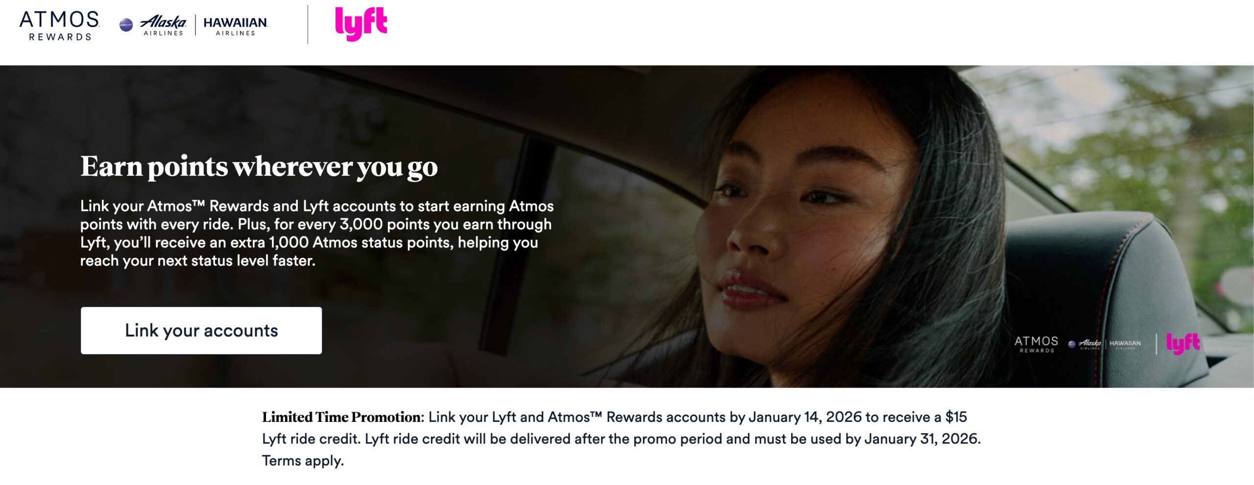 Easy Promo: Get a $15 Lyft Credit Linking Your Account with Alaska Atmos! 1 alaska lyft promo terms for $15 credit