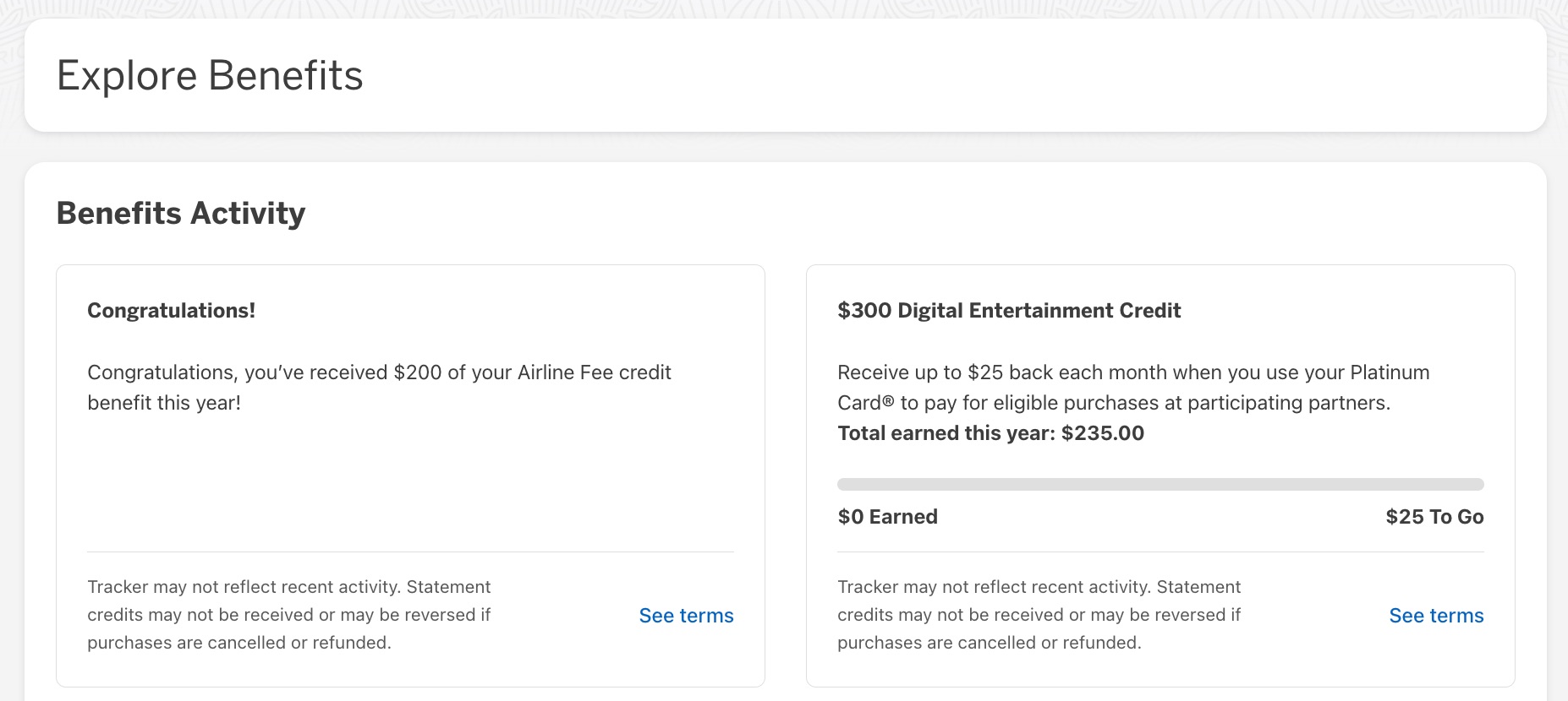 amex benefits activity showing airline fee credit used